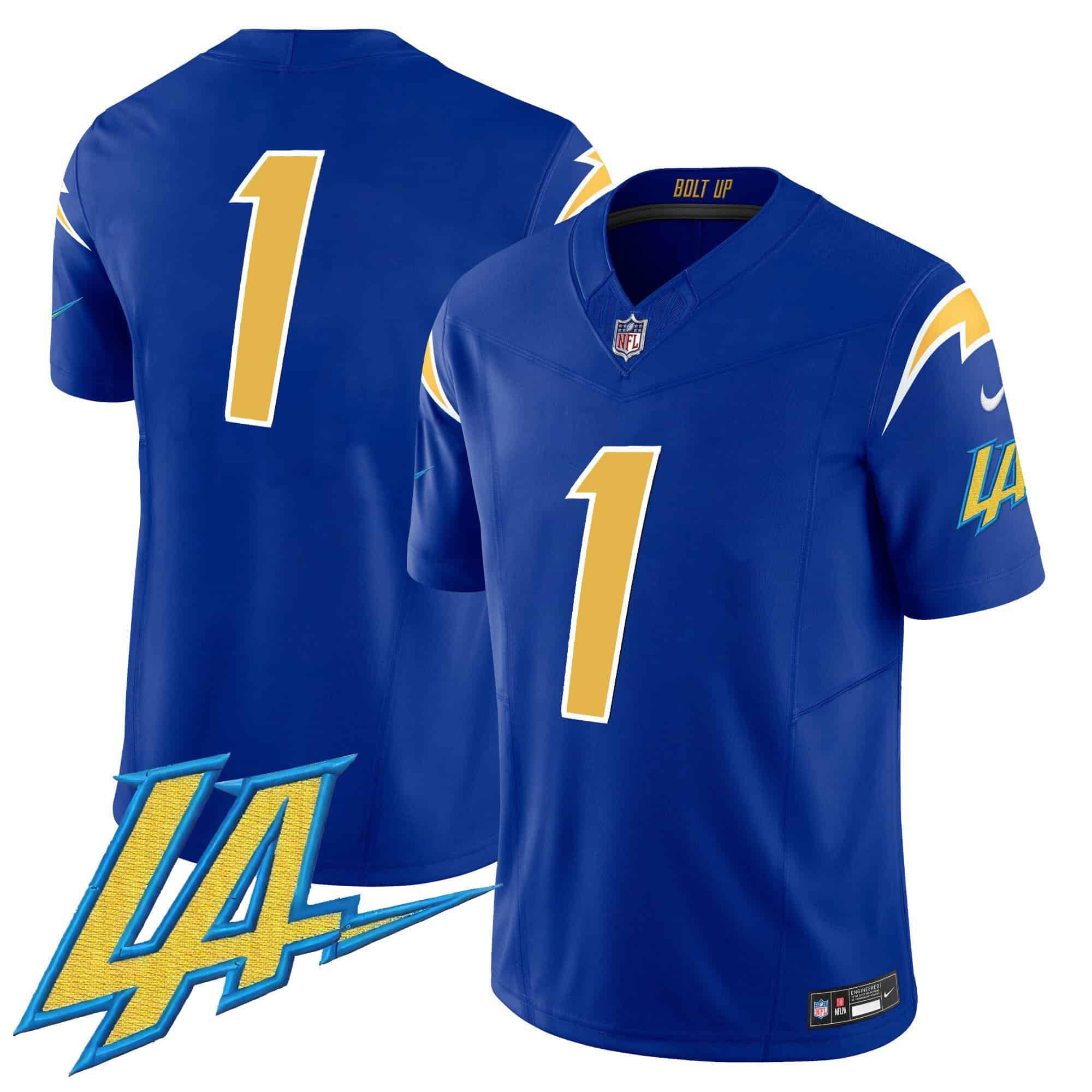 Men Los Angeles Chargers 1 No Name Blue 2024 Nike Vapor Limited NFL Jersey